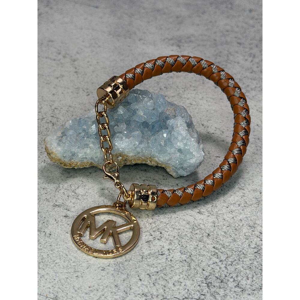 Michael Kors MK logo Braided Leather Tan grey Goldtone Rope Bracelet